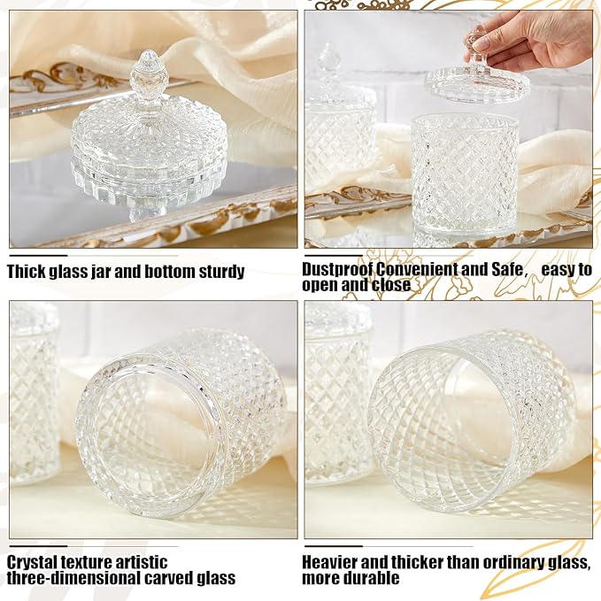 Aoriher 4 Pcs Crystal Glass Candy Jar Set with Lids Home Decorative Storage Jars for Apothecary, Bathroom, Kitchen, and Pantry, Ideal for Cotton Swabs and Jewelry(Large,Clear)