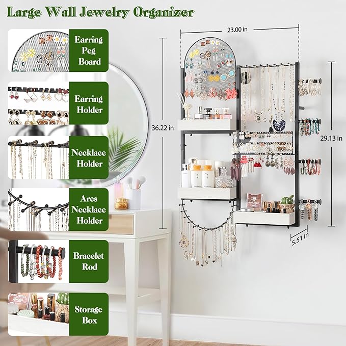 Keebofly Wall Mount Hanging Jewelry Organizer - Large Display Holder for Earrings, Rings, Necklaces, Bracelets, Watches and Perfume - White