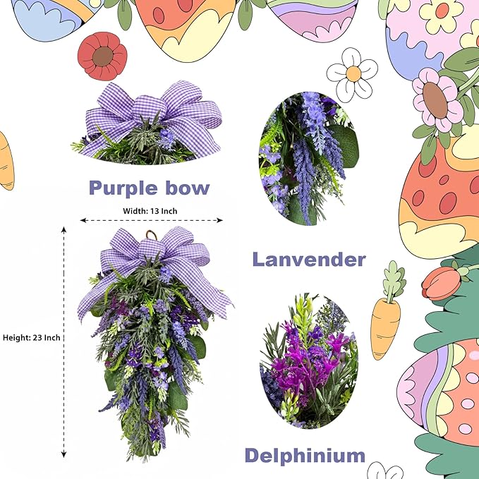 23 Inch Pre-lit Lavender Teardrop Swag, Farmhouse Spring Summer Teardrop with Purple Gingham Bow, Battery Operated with Timer & 10 Warm White Lights, Floral Decoration for Wall Door Farmhouse