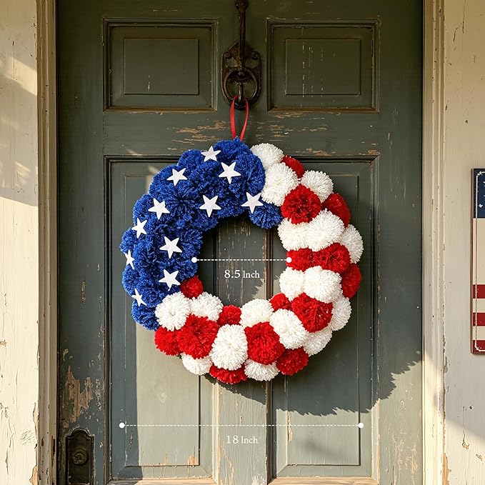 Patriotic Wreath 18 Inch American Flag Wreath for Front Door, Americana Plush Ball Red White and Blue with Stars Decor for 4th of July Memorial Day Veterans Day