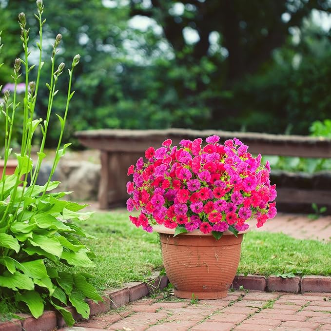 12 Bundles Morning Glory Artificial Flowers for Outdoor Decoration UV Resistant Fake Plastic Plants Artificial Greenery for Indoor Outdoor Garden Patio Window Box Home Decor
