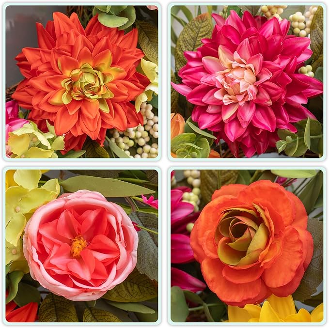 Spring Wreaths for Front Door Outside,24 Inch Summer Wreath with Peony Dahlia Rose and Greenery,Outdoor Wreath for Farmhouse Wall Porch Home Decor