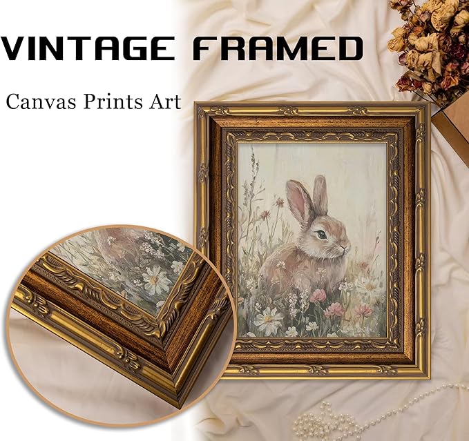 Vintage Gold Framed Bunny Wall Art, Spring Rabbit and Wildflowers Cottagecore Painting Canvas Print, Country Animal Picture Wall Decor Rustic Farmhouse Floral Poster Artwork for Living Room Bedroom