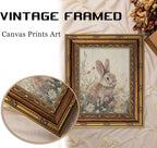 Vintage Gold Framed Bunny Wall Art, Spring Rabbit and Wildflowers Cottagecore Painting Canvas Print, Country Animal Picture Wall Decor Rustic Farmhouse Floral Poster Artwork for Living Room Bedroom