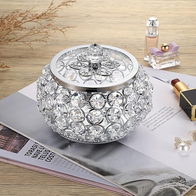 Hipiwe Crystal Jewelry Trinket Box with Glass Lid Silver Mirrored Treasure Box Decorative Jewelry Box Ring Earrings Necklace Storage Keepsake Box Gift for Women
