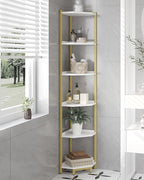 Hzuaneri Corner Shelf Stand, Corner Bookshelf, Storage Standing Shelf Unit with Metal Frame, Plant Stand, Bookcase for Living Room, Home Office, Bedroom, 6-Tier White Gold CS06003A