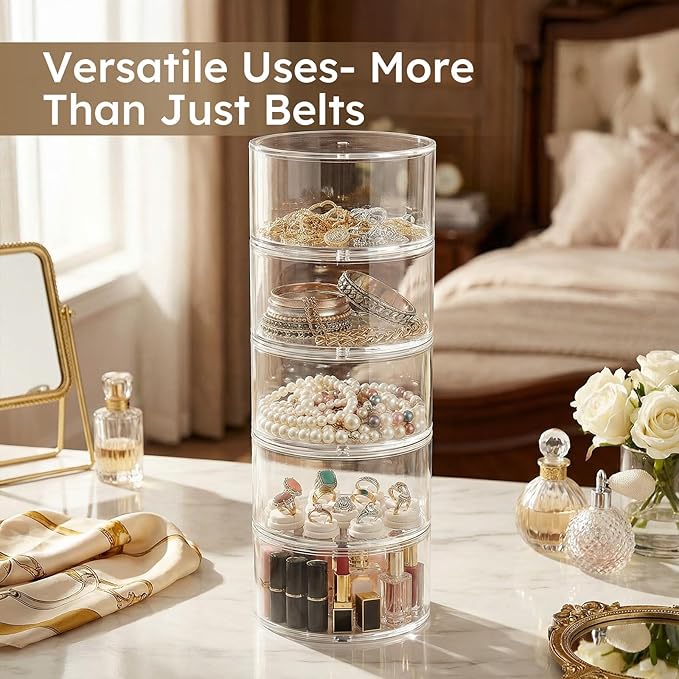 FEMELI Belt Organizer, Acrylic Belt Storage Holder for Closet & Drawer, 3-Layer Stackable Display Case for Belts, Watches, Jewelry and Ties