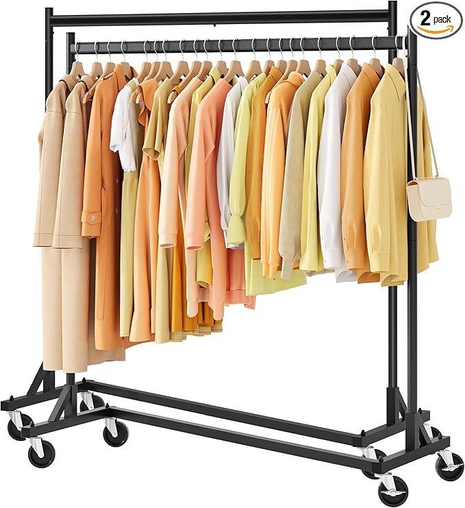 Hoctieon Z Rack Set of 2, Rolling Clothing Racks with Z-Base, Heavy Duty Garment Racks Set of 2, Clothes Rack on Wheels with Brakes, Clothes Organizer Rack Set of 2, Black
