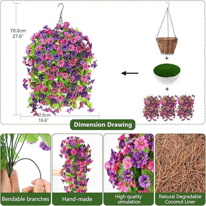 Homsunny Artificial Faux Hanging Flowers Plants Baskets for Outdoor Spring Summer Decorations,Resistant Fake Morning Glory Silk Plants for Outside UV Resistant Patio Yard Home Porch Decor(Mix Purple)