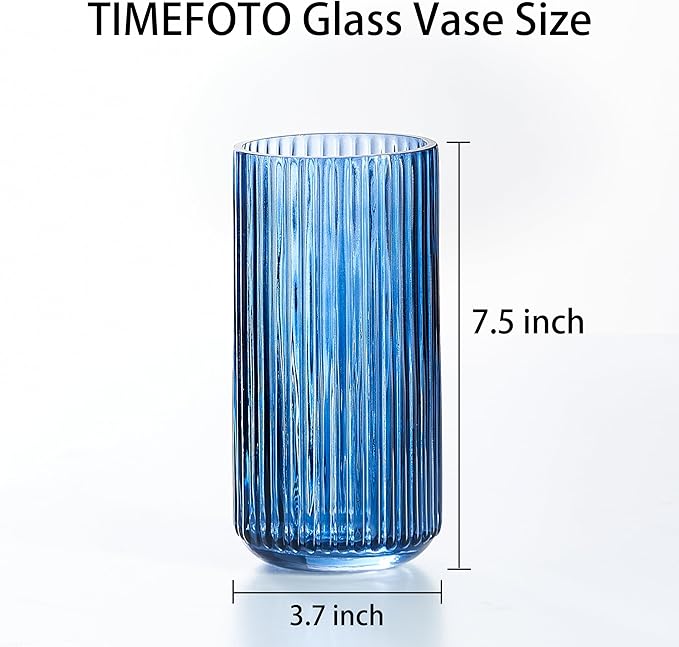 7.5 inch Blue Glass Flower Vase for Pampas Grass, Medium Decorative Centerpiece Ribbed Vase for Dining Table, Office Desktop, Shelf Bookshelf, Mantel, Entryway, Bathroom, Countertop,Gift