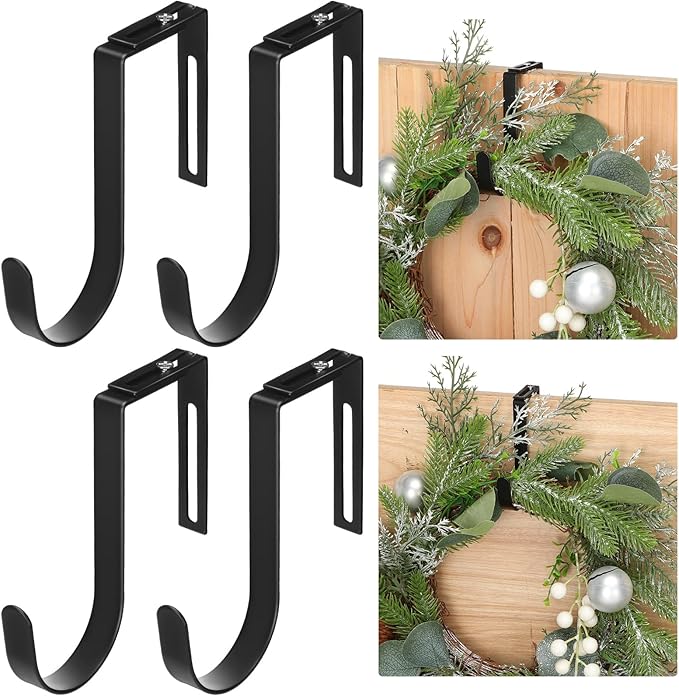 LEIFIDE 4 Pcs Width Adjustable Wreath Hanger for Front Door 1.5-3.78" Large Over the Door 4th of July Decoration Hook 20 Lbs Capacity(Black)