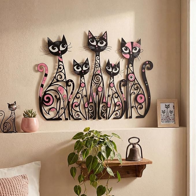 Wesiti Cat Wall Art Decor Iron Wall Sculptures Decor for Cats Lover 10.6 x 15.7 Inches Colorful Retro Mid Century Cat Signs for Home Living Room Bedroom Kitchen Office