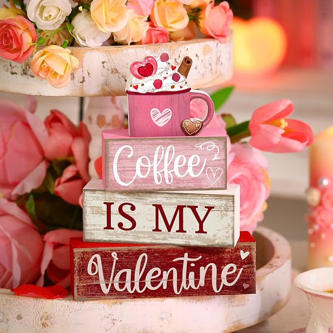 Lineshading 4 Pcs Valentine's Day Table Decor Wooden Cocoa Decoration Centerpiece Pink Heart Tiered Tray Decor Love Block Signs Gift Farmhouse Decoration for Valentine's Day Home Kitchen