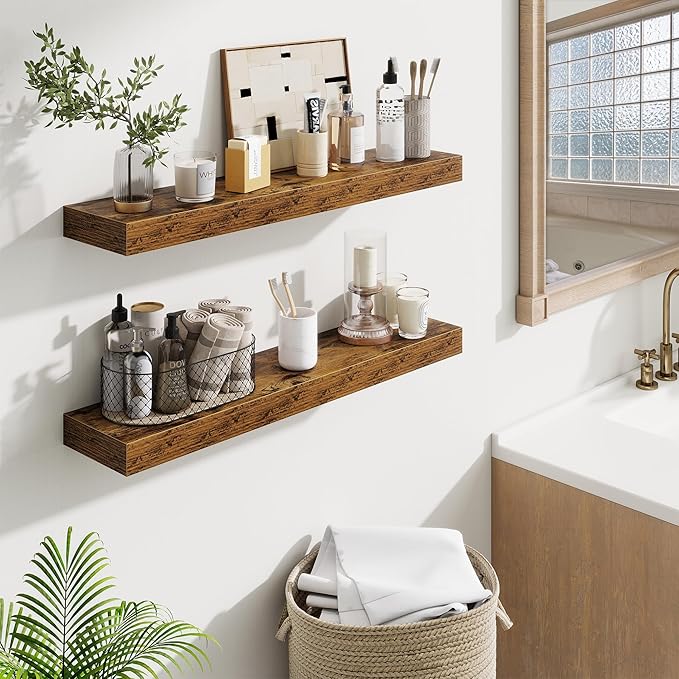 Fun Memories Floating Shelves 30 Inch, Wall Mounted Wood Shelf Set of 2, Farmhouse Decor for Bathroom, Bedroom, Kitchen, Living Room, Rustic Brown