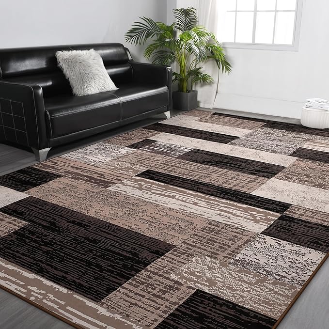 FlyDOIT Modern Geometric Patchwork Area Rug, 6x9 Chocolate Large Rugs for Living Room, Rockwood Collection Indoor Rugs for Bedroom, Throw Carpet Floor Decor for Entryway Dining Room Office Nursery
