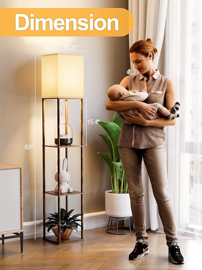 Floor Lamp with Shelves for Living Room Brown, Shelf Floor Lamp with 3 CCT LED Bulb, Corner Display Standing Column Lamp Etagere Organizer Tower Nightstand with White Linen Shade for Bedroom