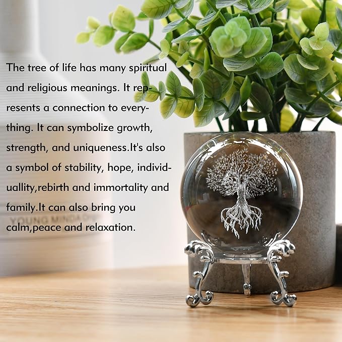 IFOLAINA 3D Tree of Life Crystal Ball with Stand Laser Engraved Glass Ball Tree of Life Decor Decorative Globes 3D Crystal Plant Sphere Gifts for Her Birthday