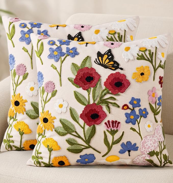Embroidered Throw Pillow Covers 18x18 Inch - Set of 2 Summer Spring Boho Decorative Pillow Covers with Zipper for Living Room Couch Sofa Bed Aesthetic Design Retro Flower Cushion Pillowcases