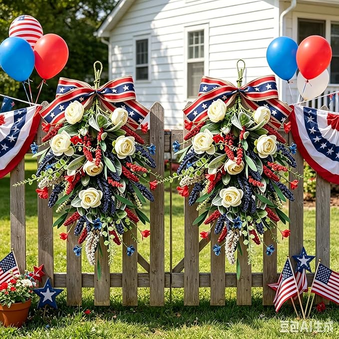 2 Pack 21'' Patriotic Teardrop Swag Wreaths for Cabinets Artificial 4th of July Swag Wreath with White Roses Red Blue Spike Flowers Eucalyptus Leaves for Independence Day Memorial Day Front Door Porch