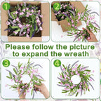 6 PCS 9'' Mini Pink Forsythia Lavender Wreath for Front Door Small Spring Kitchen Cabinet Wreaths with Burlap Ribbon Hanging Farmhouse Wreaths Artificial Greenery Wreath for Porch Wall Window Decor
