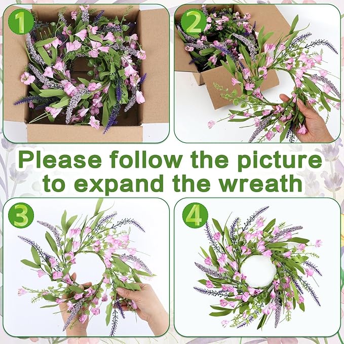 6 PCS 9'' Mini Pink Forsythia Lavender Wreath for Front Door Small Spring Kitchen Cabinet Wreaths with Burlap Ribbon Hanging Farmhouse Wreaths Artificial Greenery Wreath for Porch Wall Window Decor