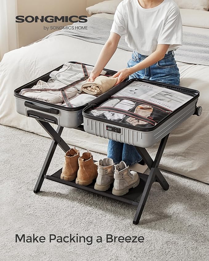 SONGMICS Luggage Rack, Folding Suitcase Stand with Storage Shelf, for Guest Room, Hotel, Bedroom, Heavy-Duty, Holds up to 131 lb, Classic Black URLR007B01