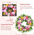 Yastouay Summer Wreaths for Front Door, 24 Inch Large Summer Wreath with Realistic Rose Peony, Full Floral Wreaths for Front Door Porch Farmhouse Patio Wall Decor All Season