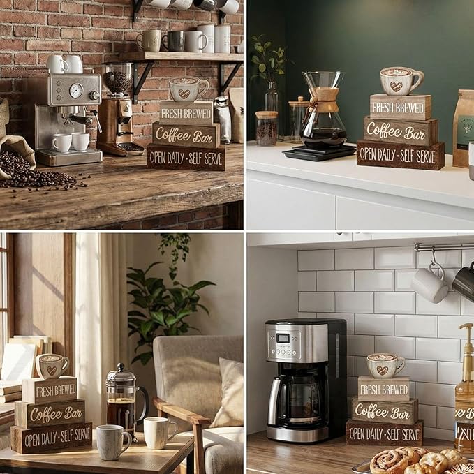 Moucuny 4 Pcs Farmhouse Coffee Bar Signs Decor Wooden Cup Rise & Shine It's Coffee Time Rustic Wood Cafe Sign Gift for Home Kitchen Tabletop Decor
