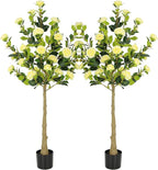 Bellacat 5ft Artificial Camellia Tree with Silk Yellow Flowers, 60in Faux Camellia Plant with Lifelike Trunk, Fake Flower Tree Potted Front Door Plants for Porch Patio Deck Living Room Decor, 2Pack