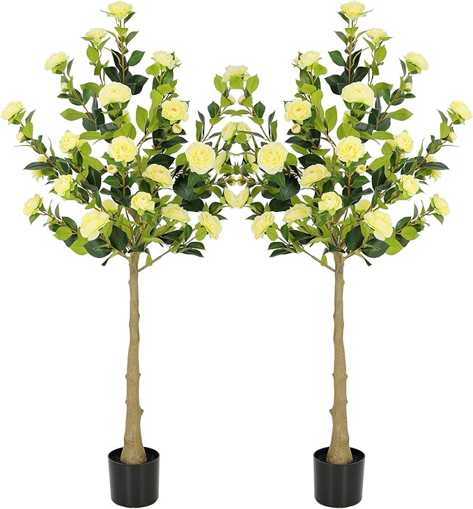Bellacat 5ft Artificial Camellia Tree with Silk Yellow Flowers, 60in Faux Camellia Plant with Lifelike Trunk, Fake Flower Tree Potted Front Door Plants for Porch Patio Deck Living Room Decor, 2Pack