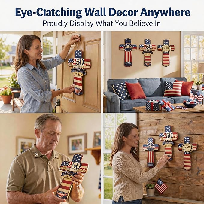 YOYAI American Flag Cross Wall Decor – 250th Anniversary USA 1776–2026 – Patriotic Christian Wooden Cross – Vintage Rustic Wall Art – Meaningful Gift for Home, Veterans, Family