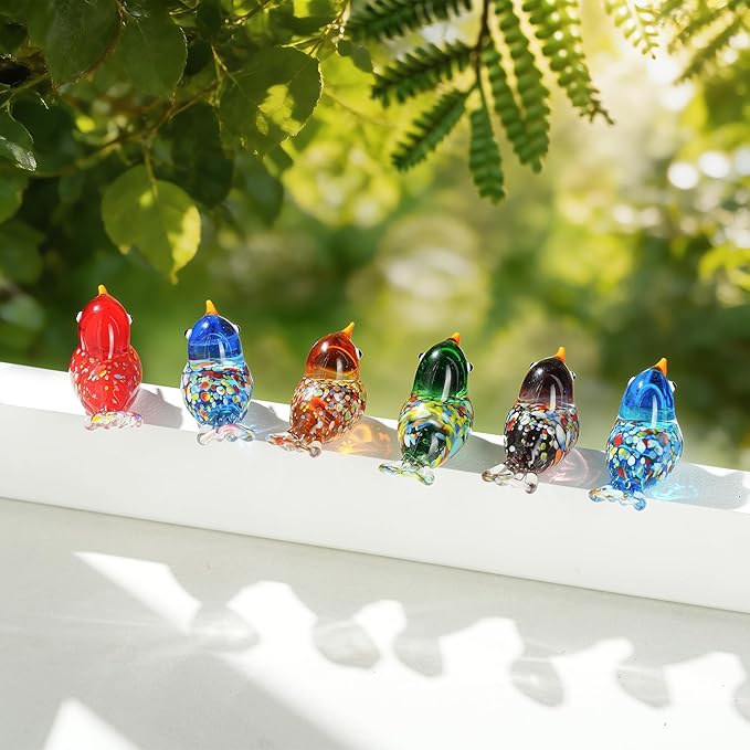 HDCRYSTALGIFTS 6pcs Hand Blown Glass Bird Figurines 1.9'' Mini Animal Statues Decorative Miniature Birds Collectibles for Home Table Decor Unique Birthday for Mom Women