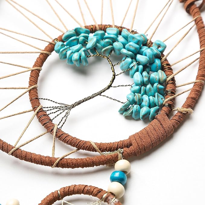 Life Tree Dream Catcher with Chakra Crystals - Handmade Brown Blue 5-Ring Wall Hanging for Bohemian Home Decor
