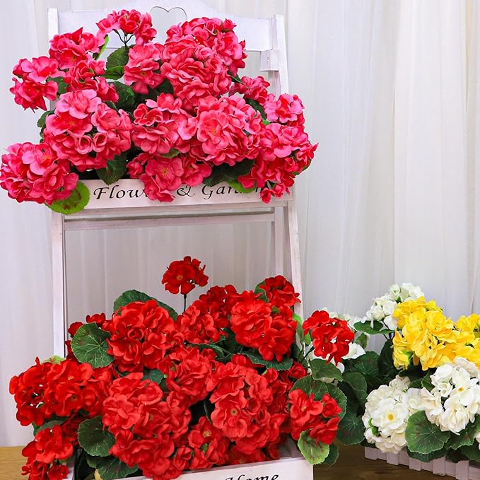 Artificial Geraniums Flowers for Outdoors Spring Decor, 4 Bundles UV Resistant Fake Geraniums Flowers Silk Faux Plants for Home Planter Gardens Table Patio Porch Indoor Cemetery Summer Decor(Pink)