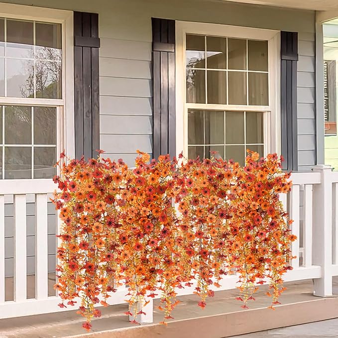 Homsunny Fall Flowers for Outdoors Fake Flowers UV Resistant Artificial Fall Flowers for Home Patio Balcony Yard Porch, Orange and Sunset Red