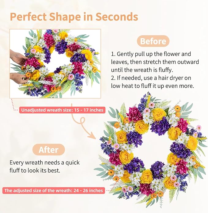 NUPTIO Summer Wreath for Front Door: 26 Inch Spring Wreaths with Hydrangea Daisy Peony Ranunculus Dahlia Hanger - Outdoor Realistic Artificial Flowers Holiday Decor for Wall Window Porch