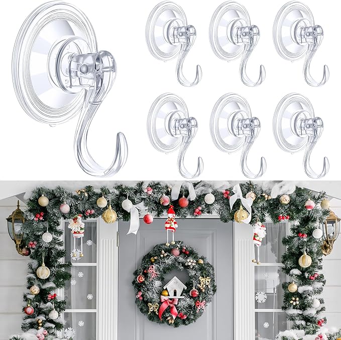 Wonderjune 6 Pcs Wreath Door Hanger Clear Heavy Duty Suction Cup Hooks 11 lb Removable Reusable Window Glass Door Wreath Holder for Christmas Kitchen Shower Bathroom Decorations