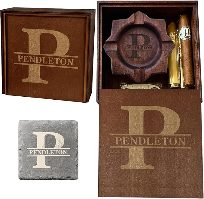 Cigar Ashtray Set for Dad Husband Grandpa, Custom Name Engraved Cigar Ash Tray for Men, Fathers Day for Him, Walnut Wooden Outdoor Patio Cigar Ashtray, Cigar Ashtray for Outside,Birthday,Christmas