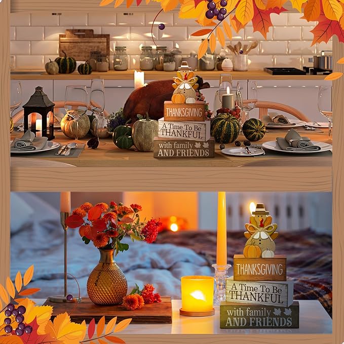 Lineshading 4 Pcs Fall Decoration for Home Wooden Turkey Decor "A Time to Be Thankful" Table Sign with Turkey & Pumpkin Topper, Thanksgiving Centerpiece Rustic Fall Tiered Tray Decor for Home Kitchen