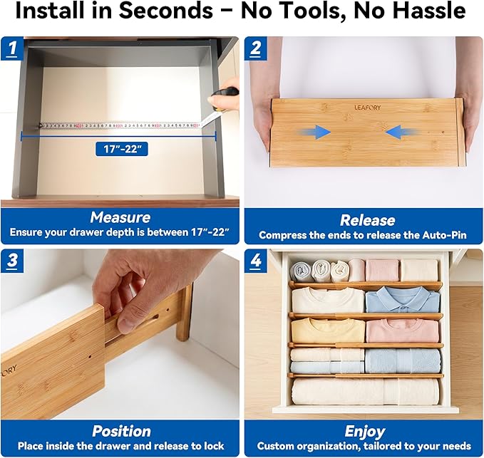 4 Pack Deep Drawer Dividers, 8" High Bamboo Expandable Drawer Organizers, 17-22" Adjustable Tension Separators, Large Drawer Dividers for Kitchen, Bedroom Dresser, Baby Nursery & Bathroom