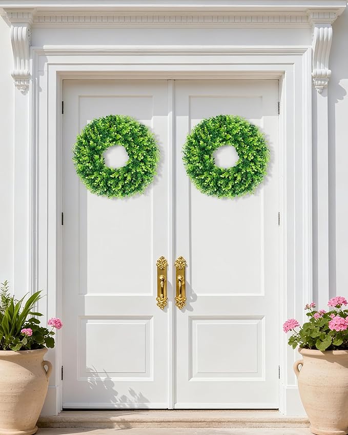 DDHS 16-18in Small Boxwood Wreath for Front Door – Artificial Green Farmhouse Wreath, Spring Summer Fall Winter DIY Decor, for Indoor Outdoor Year-Round Wedding Home Decorations
