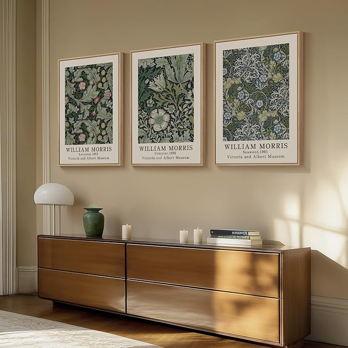 Framed William Morris Canvas Wall Art Green Decor Set of 3, Vintage Large Floral Artwork Prints, Boho Farmhouse Botanical Picture Prints for Living Room, Bedroom, Hallway, Office, Total Size 30x60