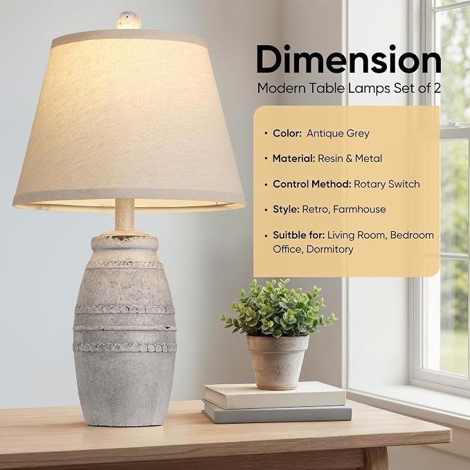 QiMH Farmhouse Table Lamps Set of 2, Bedside Lamps for Living Room, Modern Table Lamp for Bedroom, 21.5" Vintage Rustic Nightstand Lamp with Linen Shade, Retro Side Table Lamp for Office, Antique Grey