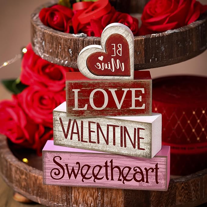 Lineshading 4 Pcs Valentine Table Decoration Wooden Be Mine Heart Decor Valentine Day Tiered Tray Decor Valentine's Day Centerpiece Red Pink White Heart Block Signs Gift for Farmhouse Home Kitchen