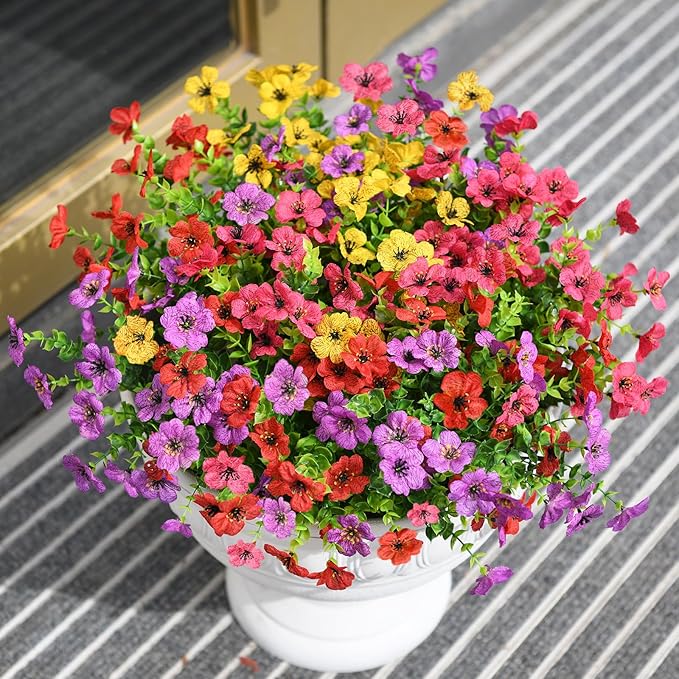 Artificial Fake Flowers for Outdoors Spring Decor, 12 Bundles Faux Silk Flowers Daisy Eucalyptus Plants UV Resisitant Colorful Artificial Flowers for Outside Planter Pots Front Porch Garden Patio