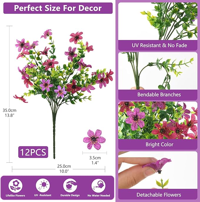 Artificial Flowers for Outdoors, 12 Bundles Multicolor Faux Silk Flower Spring Summer Decoration, Artificial Plants Fake Outdoor Flowers UV Resistant No Fade for Home Planter Porch Patio Yard Decor