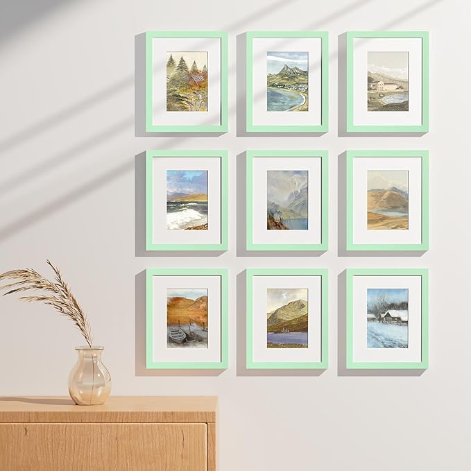 Vittanly 8x10 Picture Frames Set of 9, Shatter Resistant Plexiglass, Display 5x7 Pictures with Mat or 8x10 without Mat, Photo Frames for Wall or Tabletop, Engineered Wood, Light Green