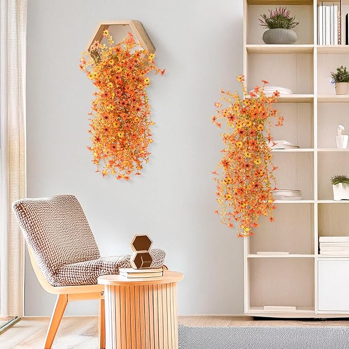 Artificial Fall Flowers for Decoration Fake Hanging Flowers Outdoors Fall Decor,2PCS Faux Mums Silk Flower UV Resistant No Fade for Autumn Outdoor Home Planter Porch Patio Yard Garden(Orange Golden)