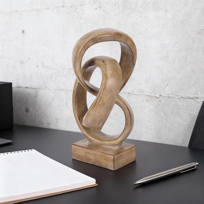 Abstract wood-toned knot sculpture, geometric decorative statue, wood-toned accent piece for living room coffee table or bookshelf surface, office TV cabinet or entryway console table decoration.