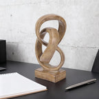 Abstract wood-toned knot sculpture, geometric decorative statue, wood-toned accent piece for living room coffee table or bookshelf surface, office TV cabinet or entryway console table decoration.